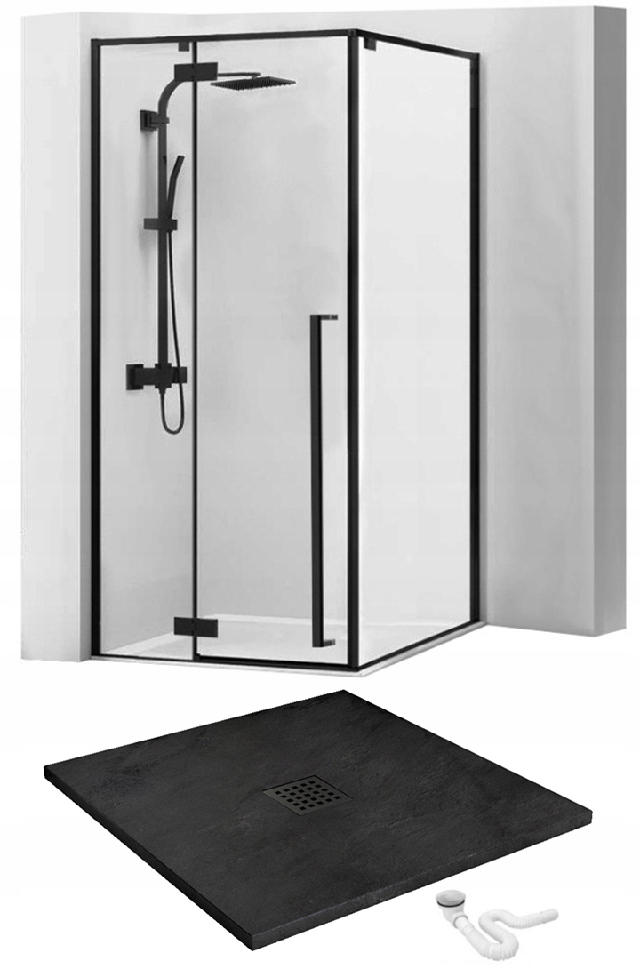 Sprchový kút - ROCKOVÝ ZÁSOBNÍK + ČIERNA SPRCHOVÁ KABÍNA 90x90 REA