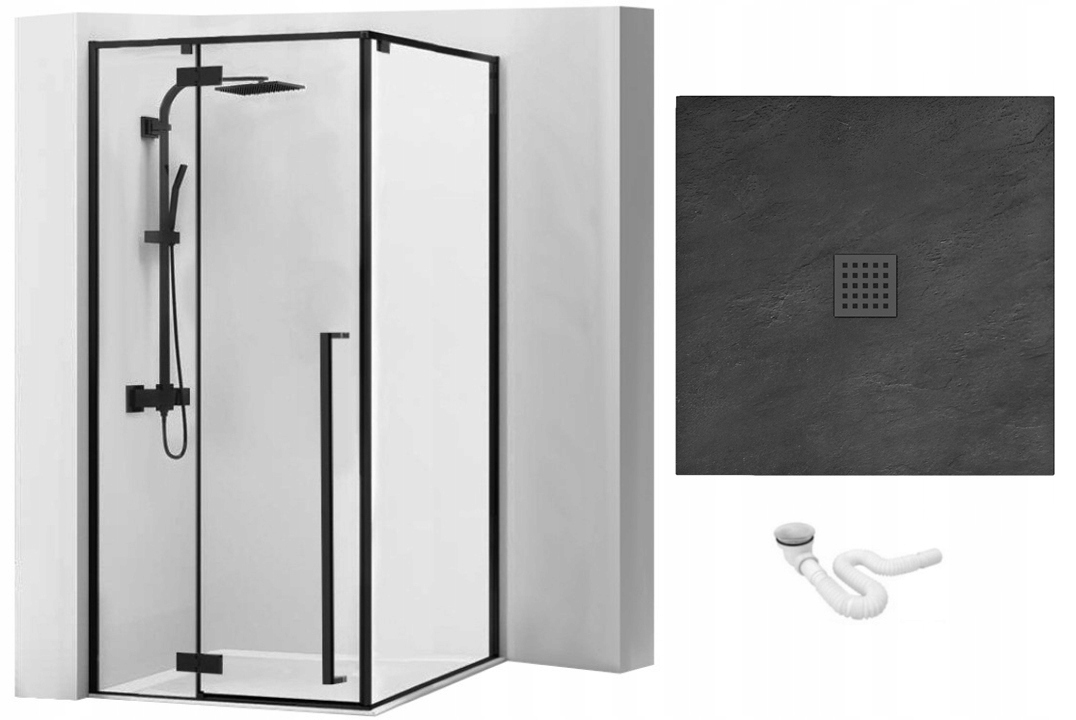 Sprchový kút - ČIERNA SPRCHOVÁ KABÍNA 90x90 + KAMENNÝ ZÁSOBNÍK