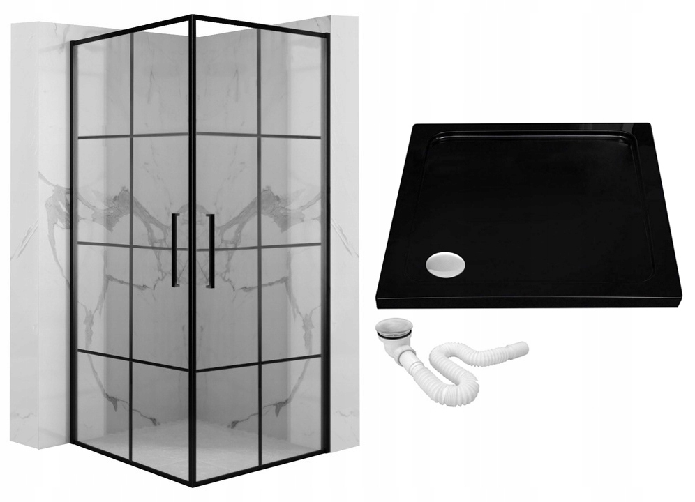 Sprchový kút - Rohová sprchová kabína čierna 90x90 + sprchová vanička Rea