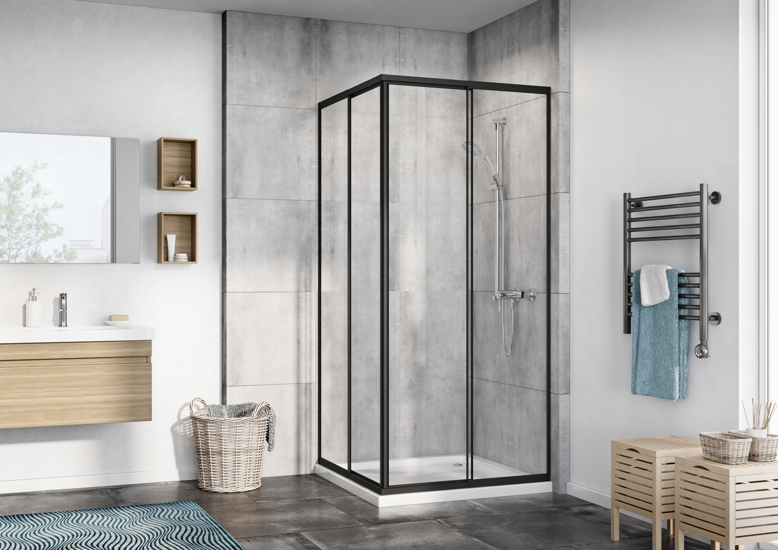 Sprchový kút - Štvorcový sprchový kút Multi 90 x 90, čierne plexisklo, výška 180