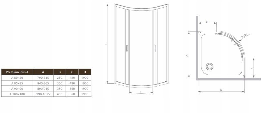 Sprchový kút - Polkruhová sprchová kabína 85x85 Premium Plus A 1900 Radawa