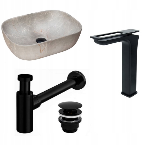 Umývadlo - Béžové umývadlo Livia + faucet Soho Black + sifón