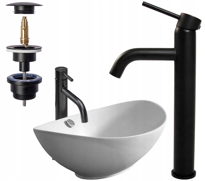 Umývadlo -  Sada: Čierne okrúhle umývadlo + faucet + korok