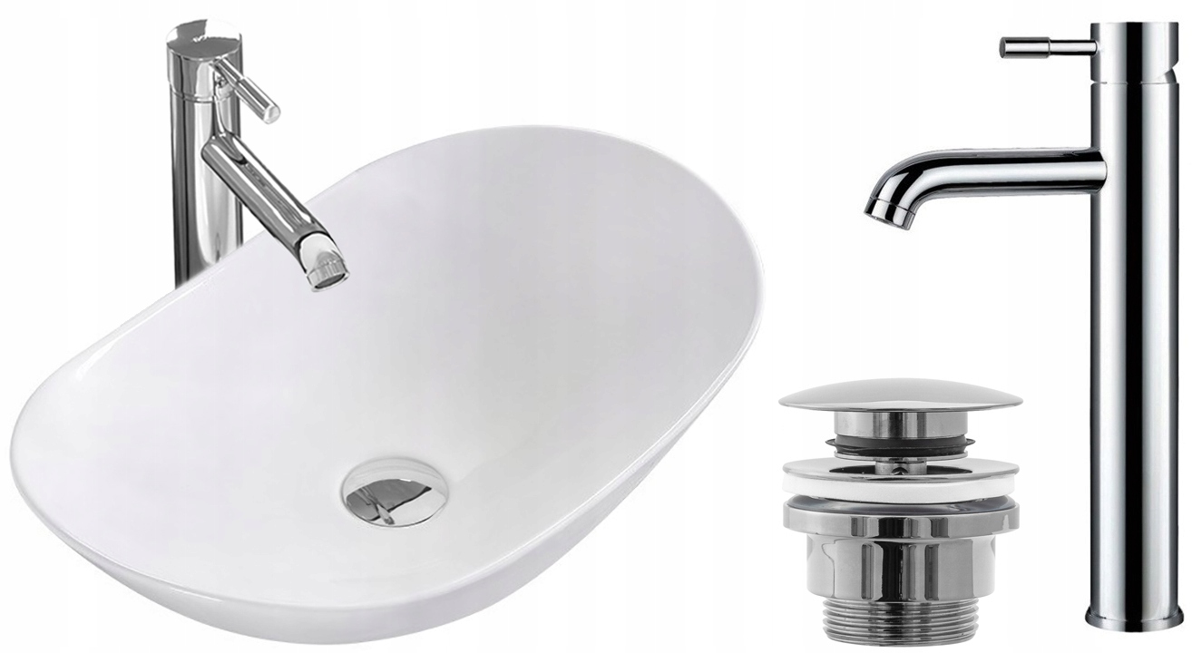 Umývadlo - Sada: Chrome Stopper + Batéria + White Basin 60