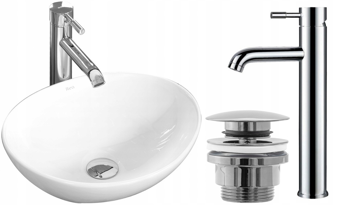 Umývadlo - Sada umývadlo biely oválny faucet chrómová zátka