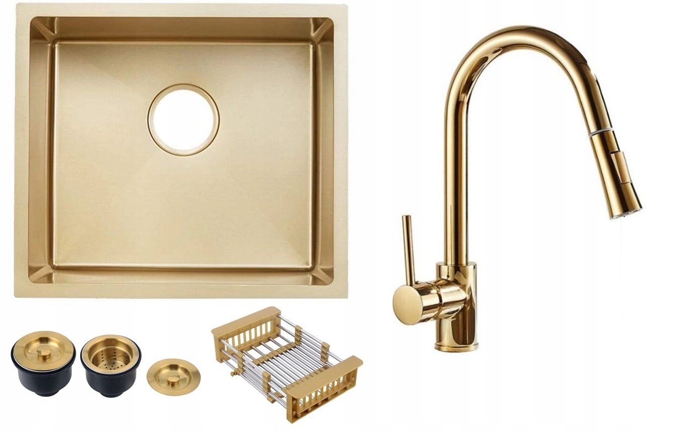 Závesný drez Quadro Gold zlato + leštený mixér
