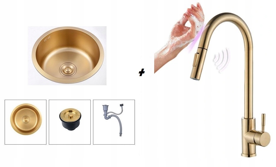 Závesné umývadlo Ronda okrúhle zlaté + batéria
