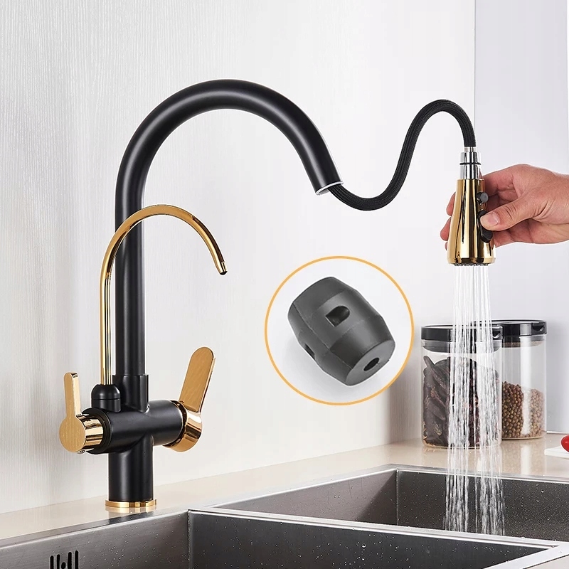 Kuchynská batéria -  Retro čierno-zlatý kuchynský faucet na filter